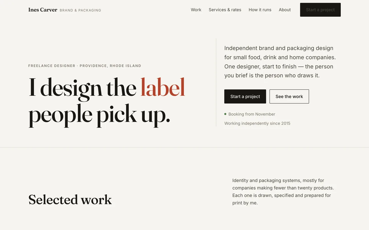 Ines Carver freelance brand and packaging designer website built with FyneSite