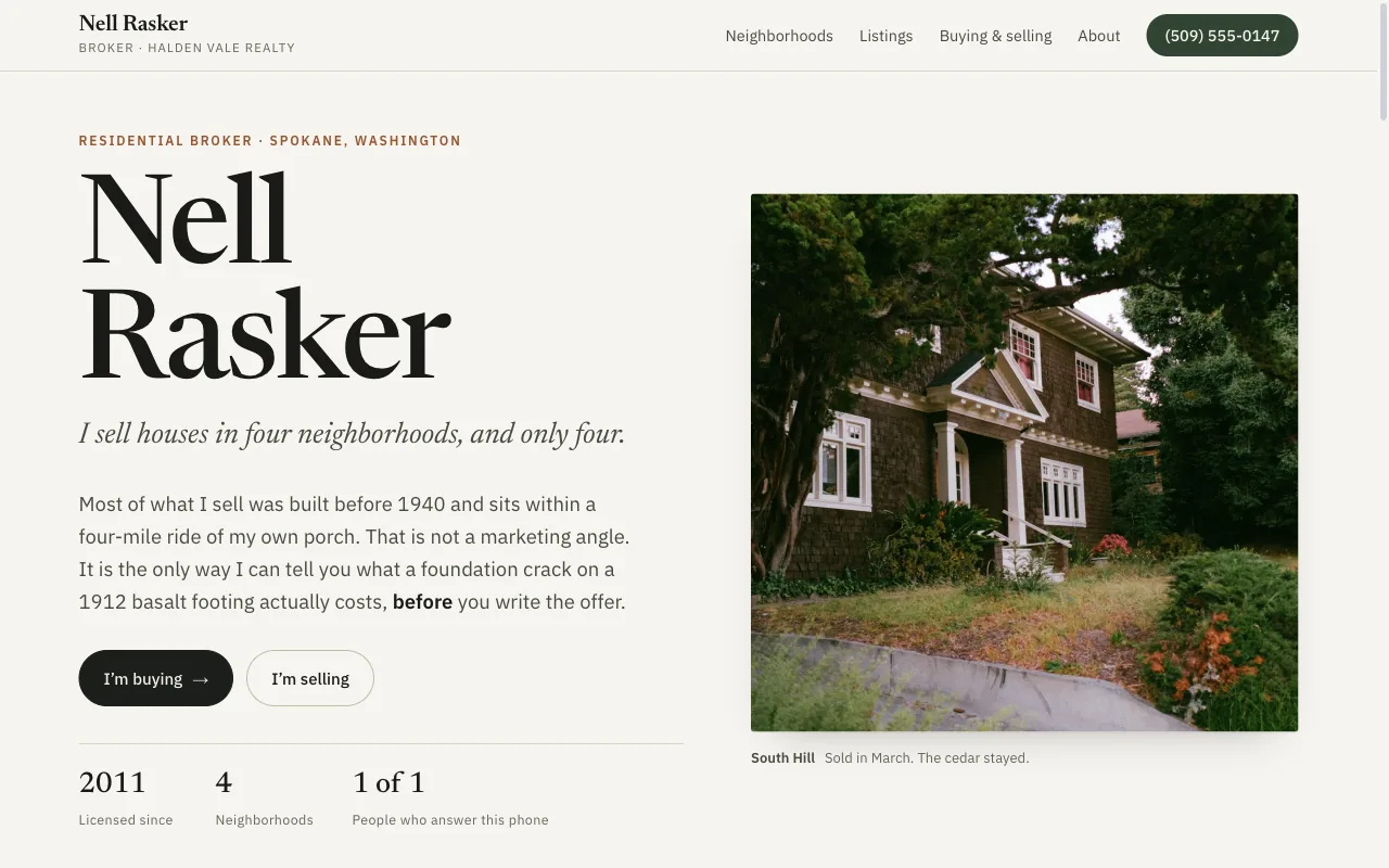 Nell Rasker, a demo real estate agent website built on FyneSite