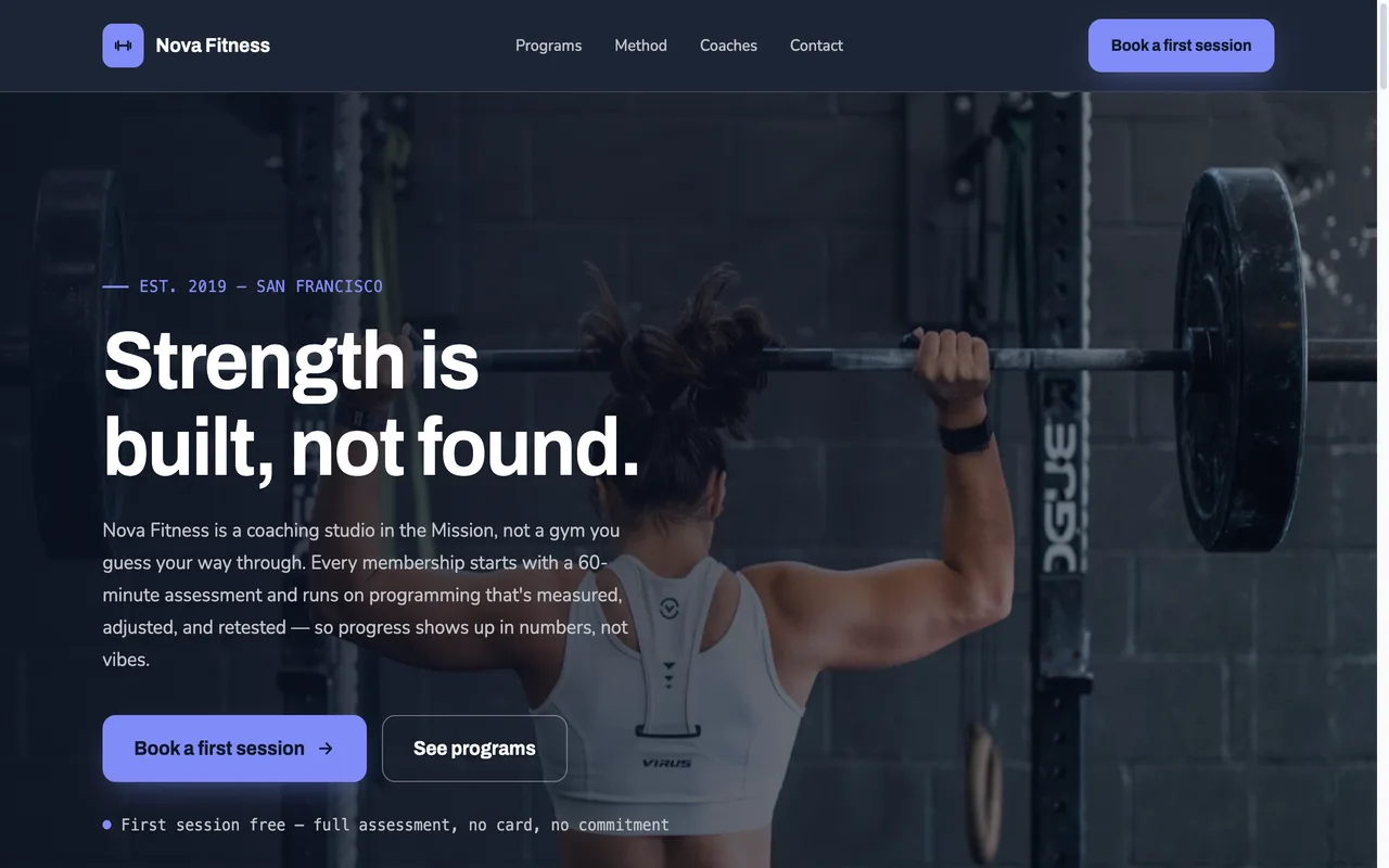 Nova Fitness — personal training studio website built on FyneSite