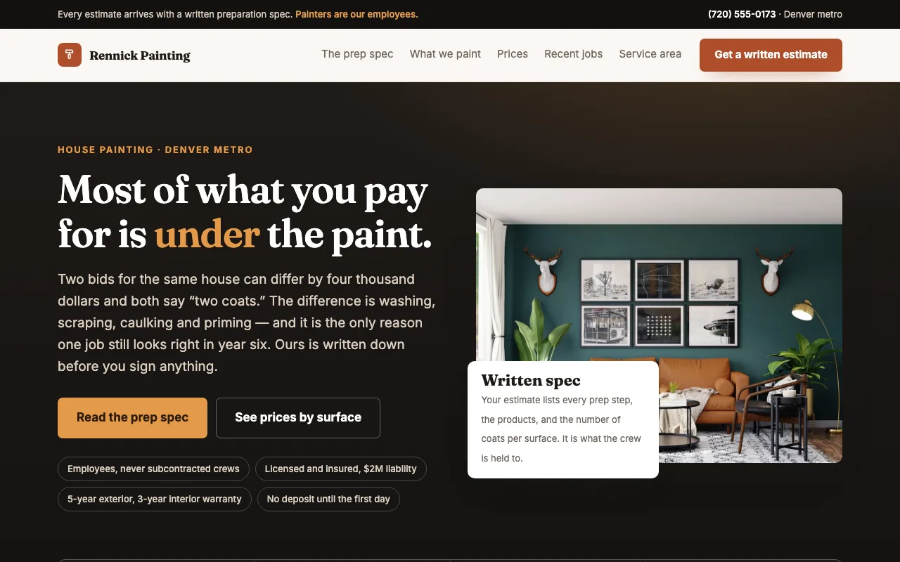 Rennick Painting Co. house painting contractor website built with FyneSite