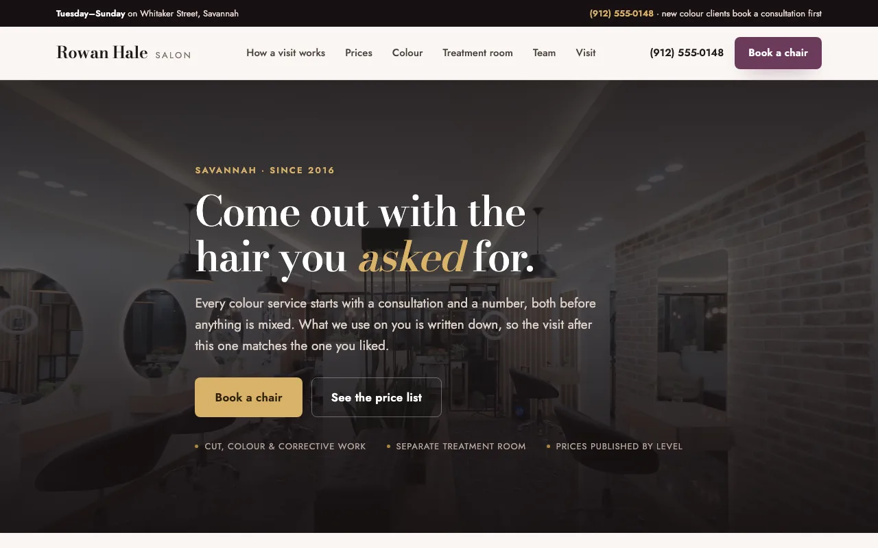 Rowan Hale Salon hair salon and treatment room website built with FyneSite